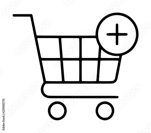 Hand-traced vector icon of a shopping cart with a plus sign symbol, minimalist black line drawing on white background, perfect for e-commerce online store digital interface design elements