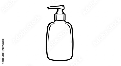 A simple black and white line art illustration of a plastic pump bottle for liquid soap or hand sanitizer isolated on white