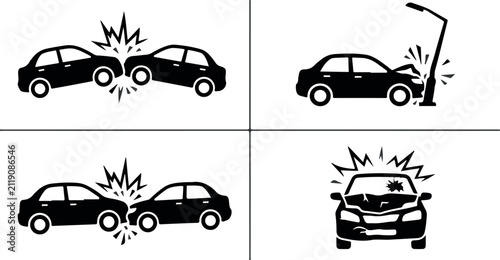 A collection of black and white vector icons depicting various types of car accidents including head on collisions and hitting a pole on the road
