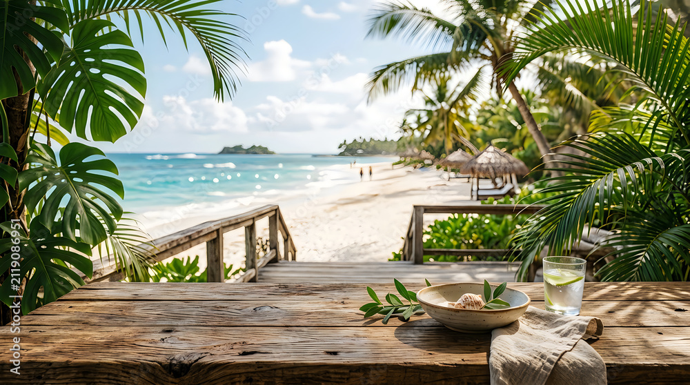 Fototapeta premium Tropical beach view from a wooden terrace with food and drink