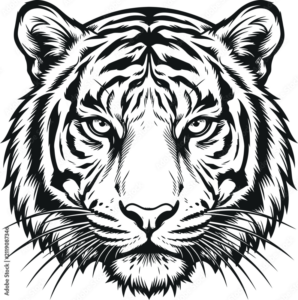 Obraz premium Intricate tiger head portrait line art vector illustration with predator portrait wildlife illustration monochrome ferocious