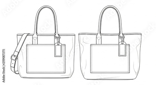 Front and back view flat vector illustration of a stylish leather tote bag with shoulder strap and luggage tag in white