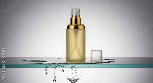 Frosted glass cosmetic bottle with gold pump dispenser standing on a glass shelf with dripping water droplets and ripples
