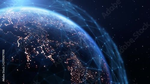 Global Connection Lines. Earth Network Data Transfer. Futuristic AI Technology, 5G, Globe Satellite Communication, Internet Connectivity, Big Data, Digital World Background Animation. Crypto Exchange