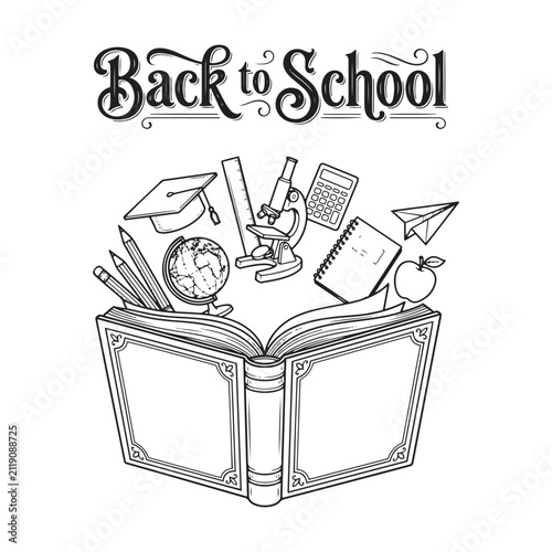 School Supplies And Open Book Black And White Vector Illustration