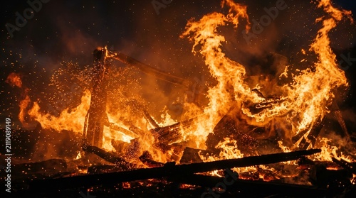 Building engulfed in intense flames and smoke at night, destructive fire