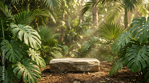 Rock display stands centrally within a vibrant jungle clearing under soft morning sunlight.