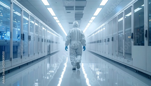 Technician in Bunny Suit Walking Through Semiconductor Cleanroom Fab Facility