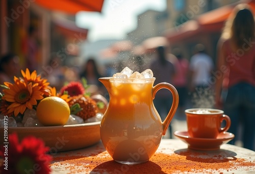 Colorful Street Mercado Scene Displaying Hearty Horchata Rice Milk Drink Surrounded by Artisan Crafts and Vibrant Market Stalls