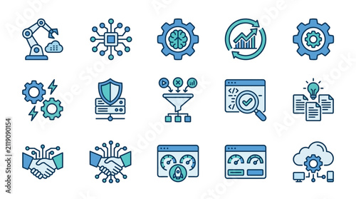 Industrial Themed Icons Showcasing Modern Technology Automation AI Cybersecurity and Cloud Computing in Blue and Green