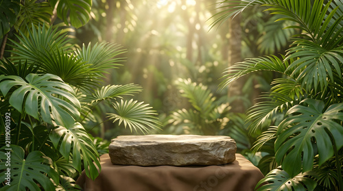 Stone platform rests on a brown fabric base surrounded by dense tropical rainforest foliage.