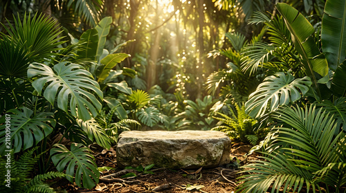 Stone pedestal sits in a lush tropical jungle environment for showcasing natural products.