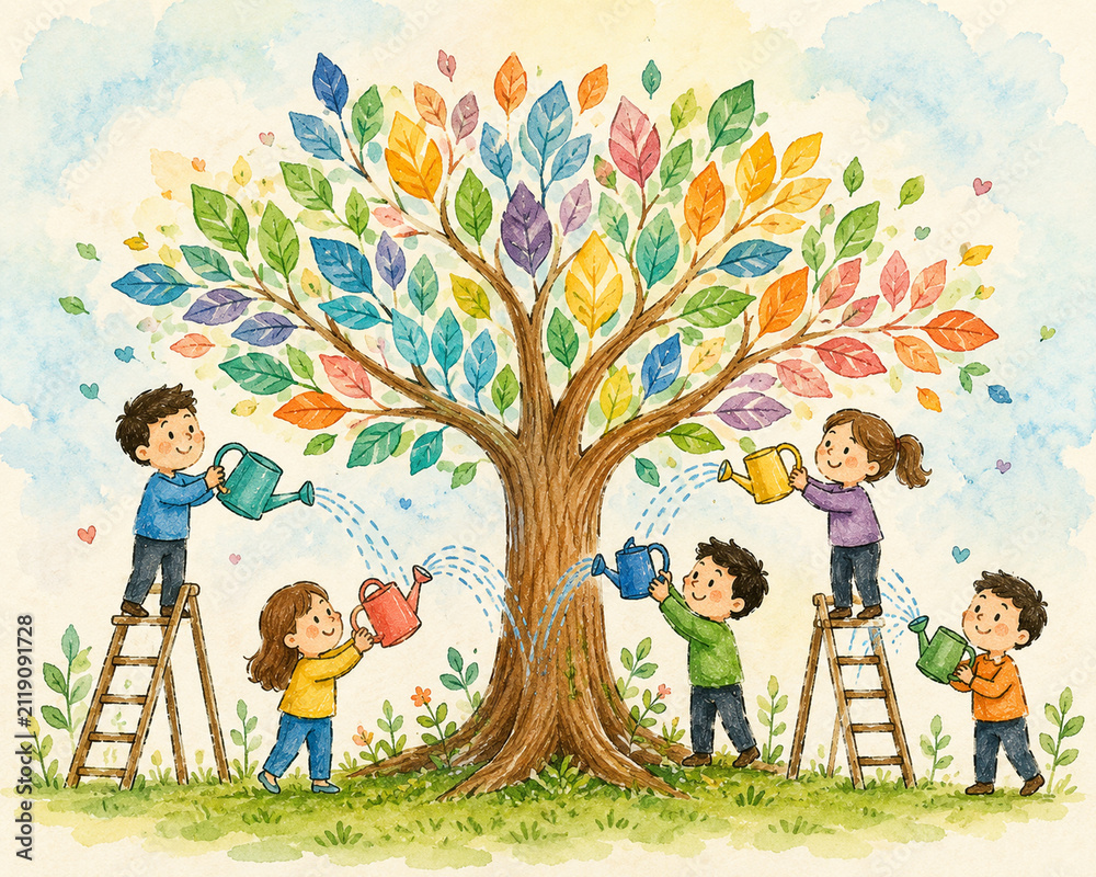 Fototapeta premium Happy Children Watering Large Tree With Colorful Leaves Watercolor Illustration Background