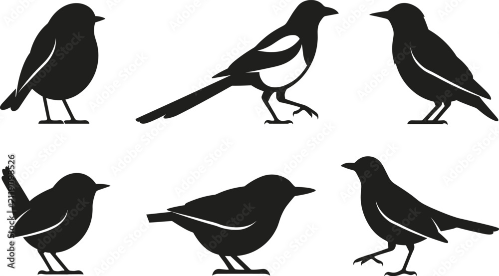 Fototapeta premium Set of six black bird silhouette illustrations showing diverse species shapes, postures, and flight styles for identification, artistic design, and creative graphic projects