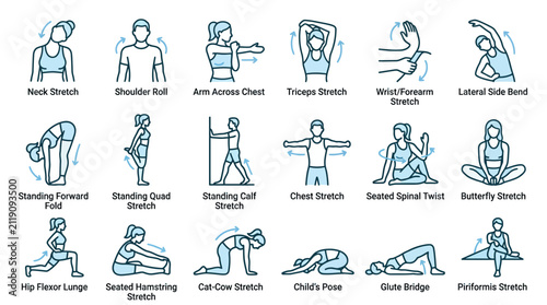 Fitness Stretching Poses and Exercises Icons Set. Healthy Lifestyle.
