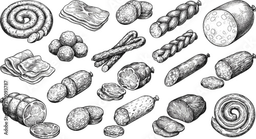 Butcher shop meat products set featuring hand drawn sketch style sausages salami bacon ham pepperoni and bratwurst