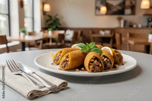 Plate of kibbeh served on table, bulgur shells with spiced lamb filling arranged beautifully. Concept of dining experience with inviting atmosphere and warm restaurant setting.