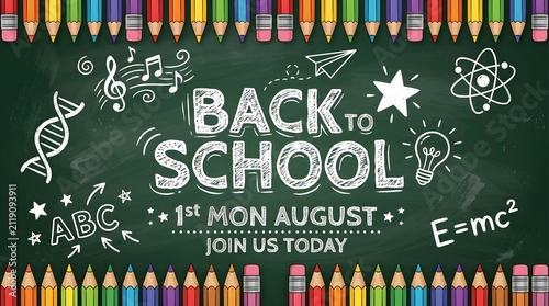 Back to school chalkboard background with colorful crayons and educational science doodles for students returning to classes in the month august