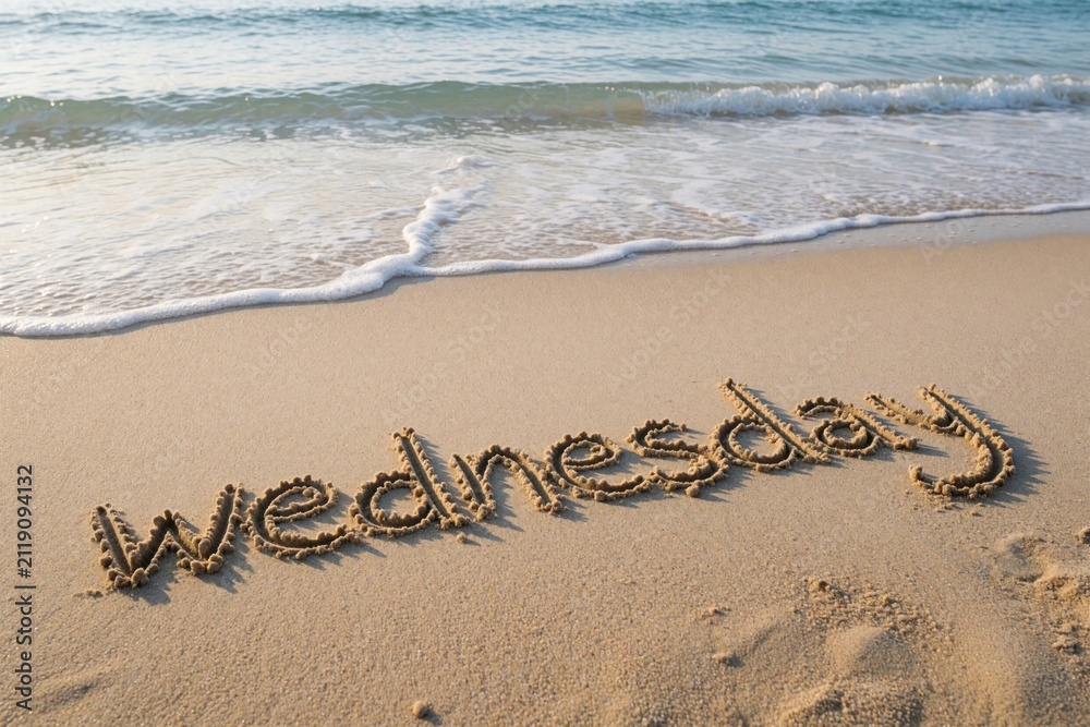 Fototapeta premium Word Wednesday written in wet sand on tropical beach shore. Soft ocean waves foam flow towards handwritten letters. Summer vacation background with sunny light, blue sea water. Calm nature scene with