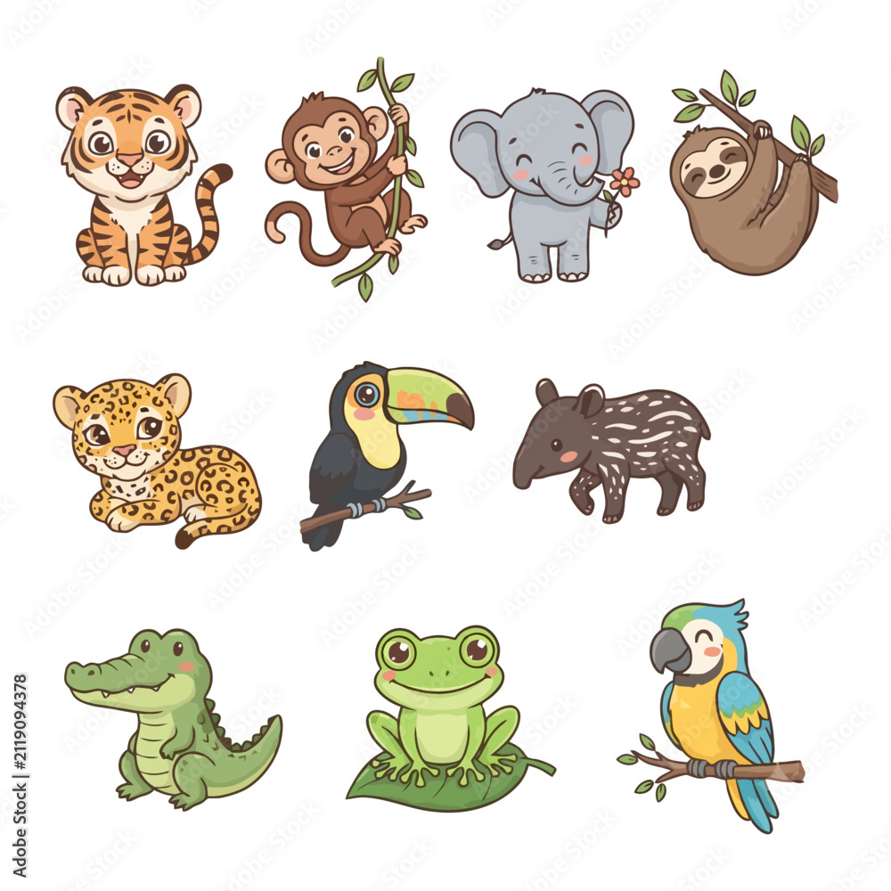 Fototapeta premium Cute cartoon animals in jungle setting: tiger, monkey, elephant, sloth, and more.
