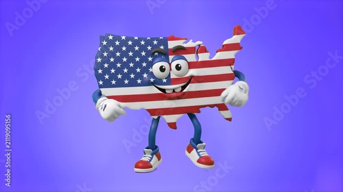 A happy 3D cartoon USA map mascot textured with the American flag, jumping in place on a vibrant purple studio background. Great for patriotic promos, 4th of July media, international events, and crea