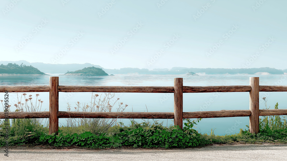 Obraz premium Rustic Wooden Fence Overlooking a Tranquil Blue Lake