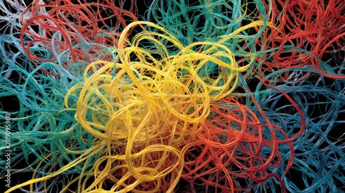 A chaotic display of interweaving, vibrant, tubular strands in red, yellow, teal and blue against a deep black backdrop