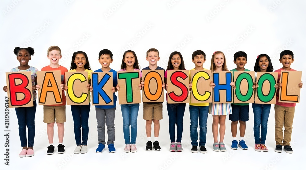 Obraz premium A diverse group of happy children standing in a row holding colorful letters that spell out the phrase back to school