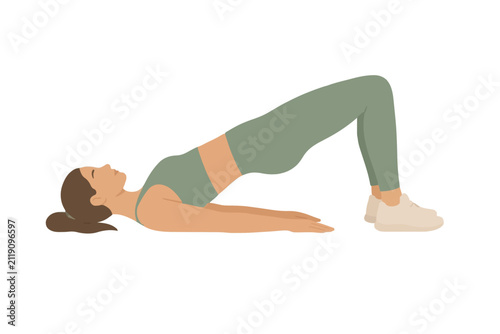 Hand-traced vector illustration of a woman performing a glute bridge exercise on the floor, wearing athletic sportswear, shown in a side profile fitness pose for workout and training graphics