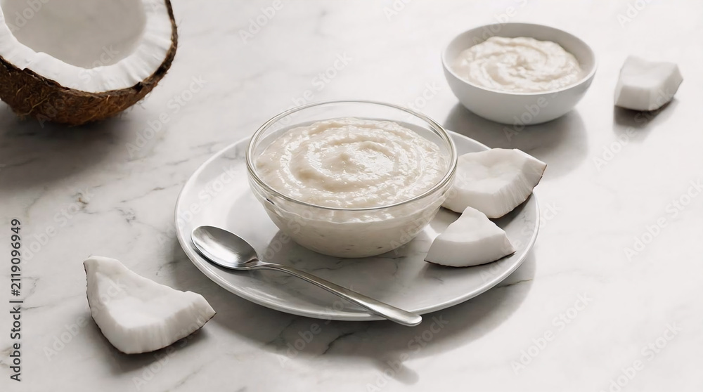 Obraz premium Sweet coconut paste presented in a small glass bowl on a marble plate with fresh coconut chunks and a spoon for a healthy tropical dessert breakfast