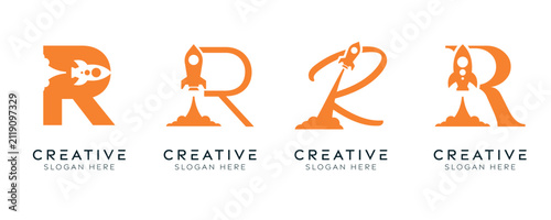 Set of initial letter R rocket logo design templates. Modern isolated letter R with rocket launching elements designs.