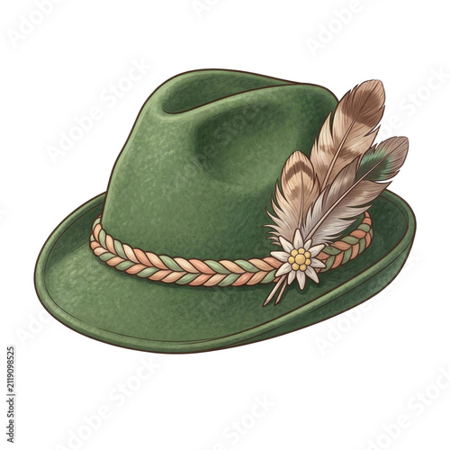 Traditional green Bavarian alpine hat with feathers and edelweiss flower decoration isolated on white background