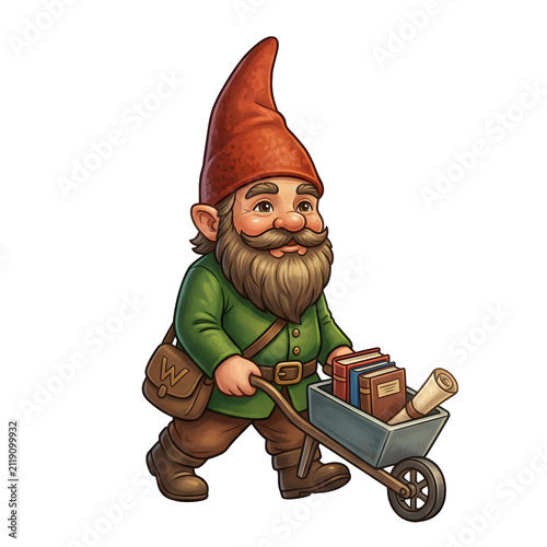 Illustration of a Wroclaw gnome wearing a red hat and pushing a wheelbarrow filled with books