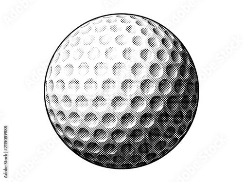 Classic golf ball design with detailed halftone dimple texture isolated on white background