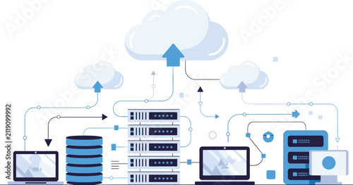 Cloud computing network infrastructure with servers and digital devices