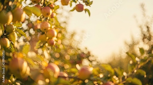 Autumn apple orchard at sunset with warm golden hour light and beautiful bokeh background.