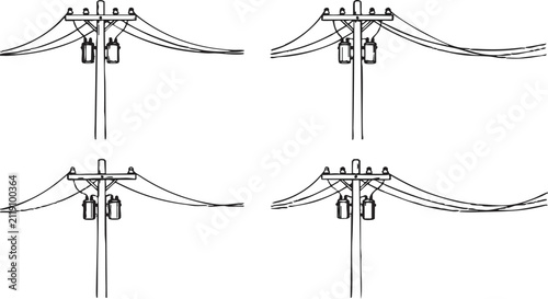 Black and white line art illustration set of electric utility power poles