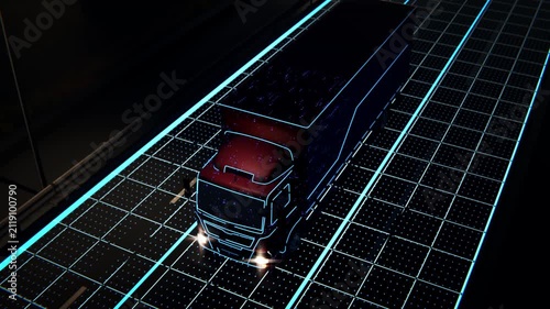 Autonomous Semi Truck Driving at Night with AI HUD Technology Visualization. Self-Driving Electric Cargo Semi-Truck Scans Road and Activates Smart Autopilot Controls for Future Logistics Concept