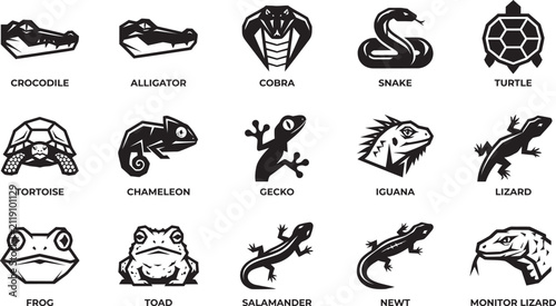 Foto Set of black and white hand drawn reptile and amphibian icons featuring snakes t