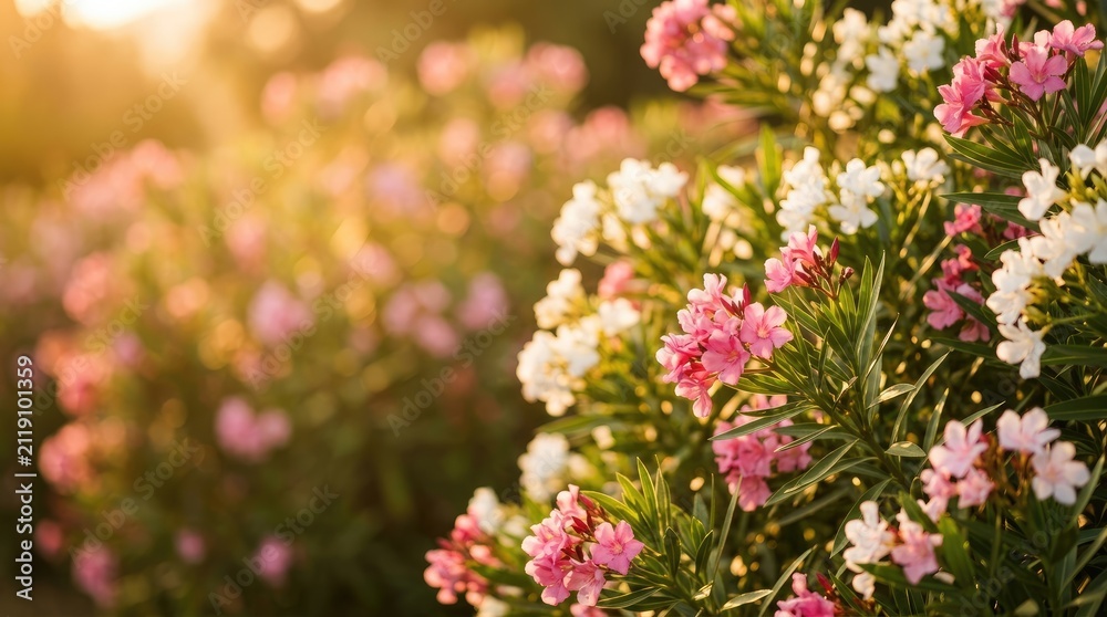 Obraz premium Soft focus pink and white oleander flowers with golden sunlight
