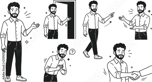 Male Character Action Pose Set Flat Vector Illustration with Walking, Greeting, Handshake, Pointing, Welcoming, and Casual Business Person Collection