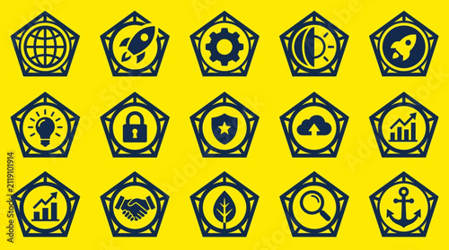 Yellow pentagonal business startup and innovation icons.