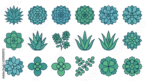Green succulent and cactus plant icons in various styles.