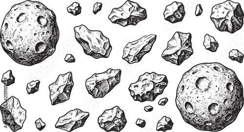 Set of hand drawn asteroids and meteorites in space sketch style illustration