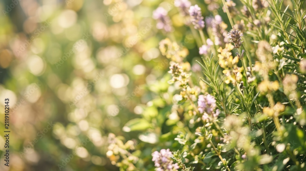 Obraz premium Lavender and rosemary herbs growing in a sunny summer garden background with copy space.