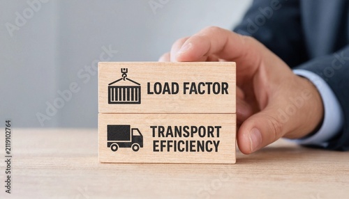 Professional hand arranging wooden blocks illustrating load factor and transport efficiency concepts in business logistics