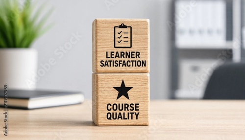 Wooden blocks displaying learner satisfaction and course quality concepts on a light office desk