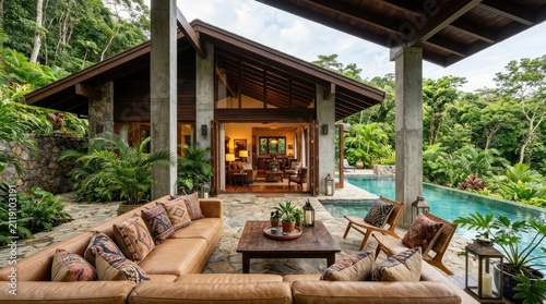 Tropical luxury villa outdoor lounge area beside swimming pool.
