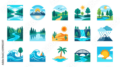 Flat nature and landscape illustration collection.