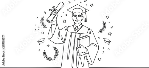 Graduate Student Holding Diploma Continuous One Line Drawing with Graduation Cap, Academic Success, University Education, and Achievement Celebration Vector Illustration